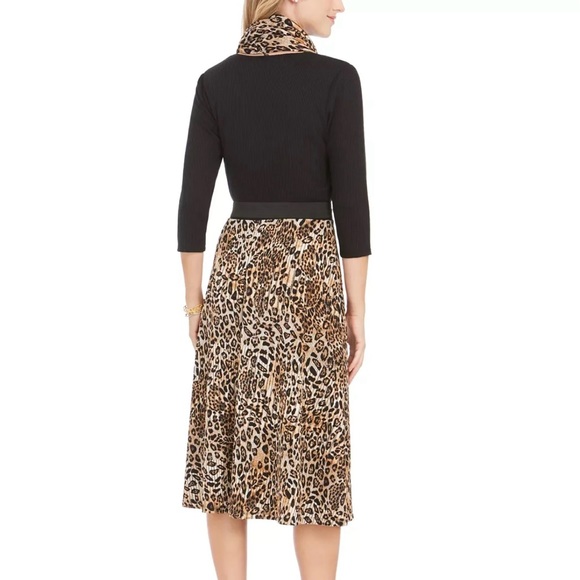 ROBBIE BEE WOMEN'S BELTED LEOPARD PRINT SWEATER DRESS & SCARF BLACK PETITE M - Picture 3 of 3